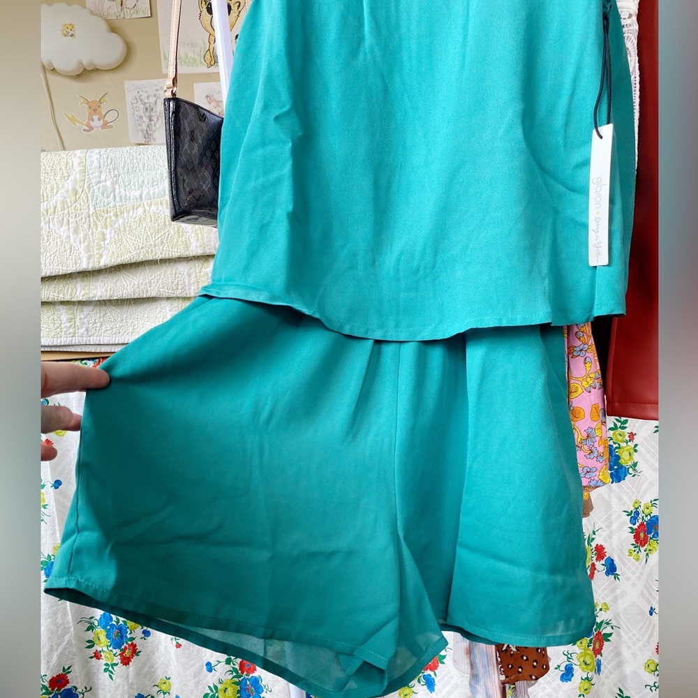NWT Gibson X Living in Yellow Dahlia tank overlay romper in green - Picture 4 of 12